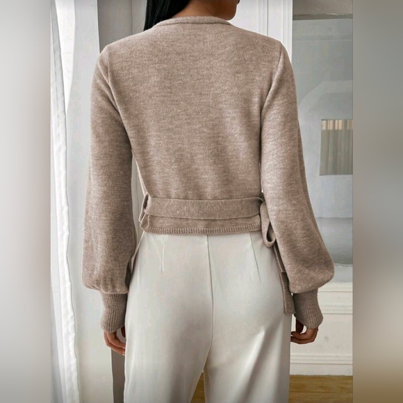 New Chic Wrap Knit Sweater Top Bishop Long Sleeve Khaki Tan - Picture 4 of 8